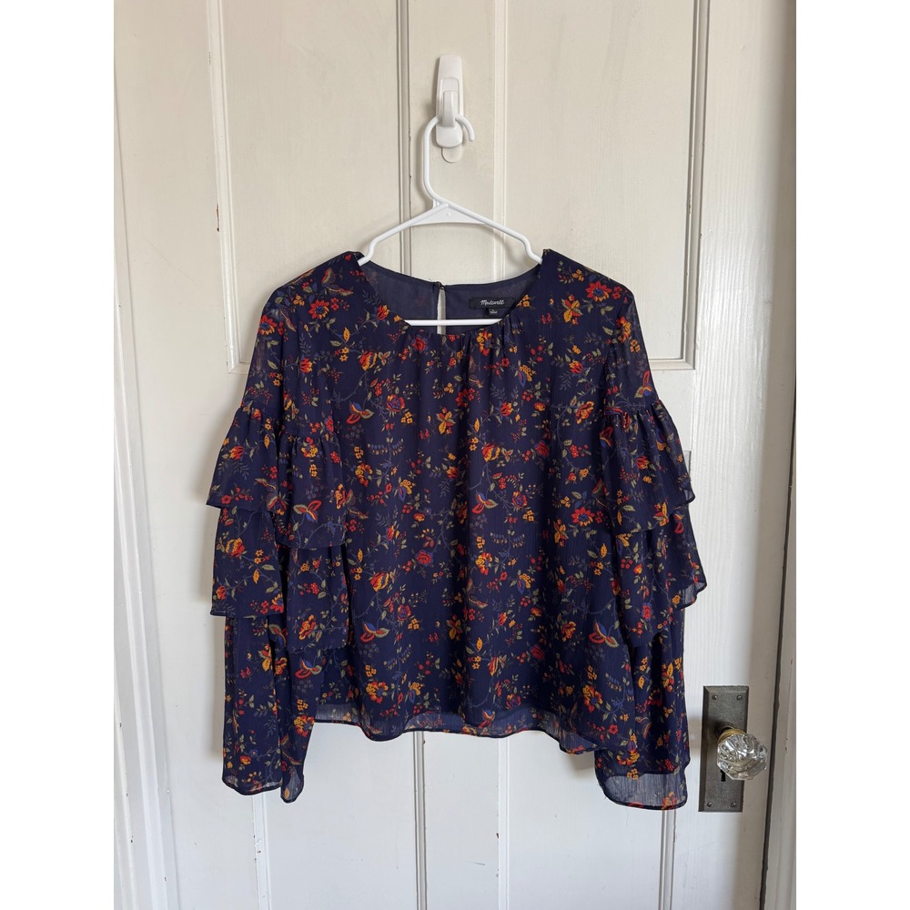 Madewell navy floral ruffle sleeve blouse  size large - Picture 2 of 10